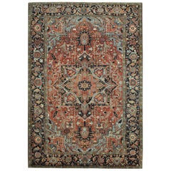 Antique Hand Knotted Red, Blue Navy Wool Persian Heriz Rug