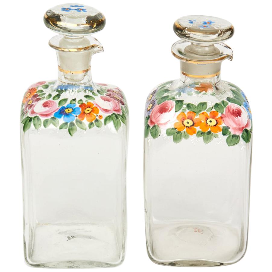 Continental Antique Floral Enamelled Glass Decanters, 19th Century