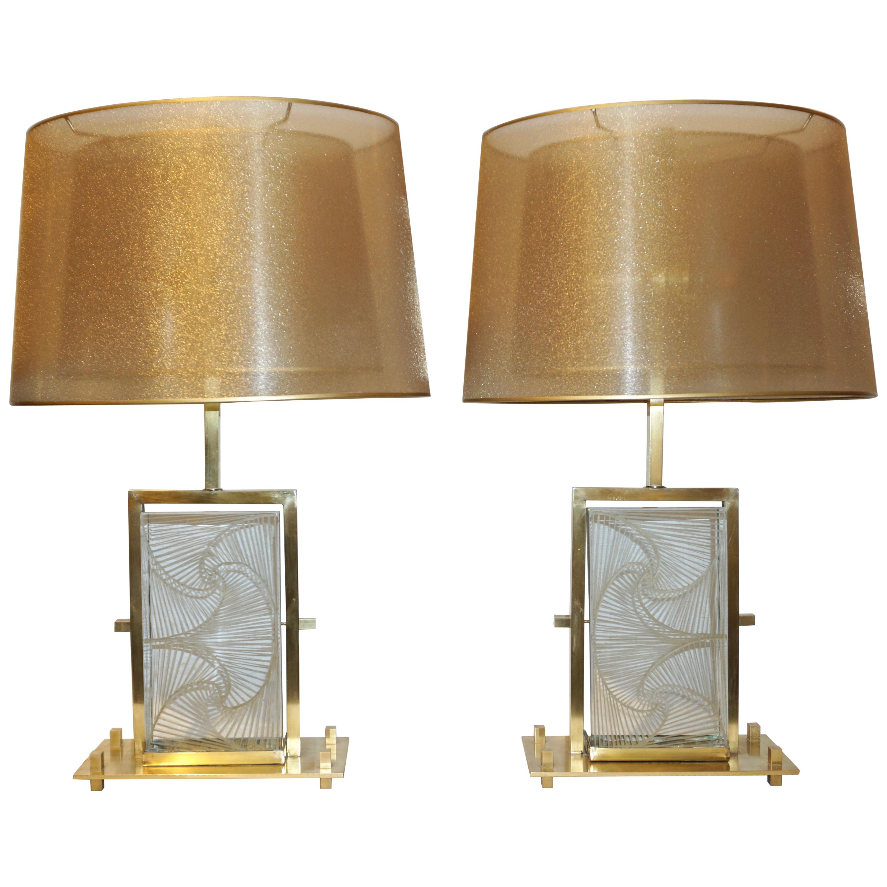 1990s Modern Italian Pair of One of a Kind Crystal & Brass Lamps