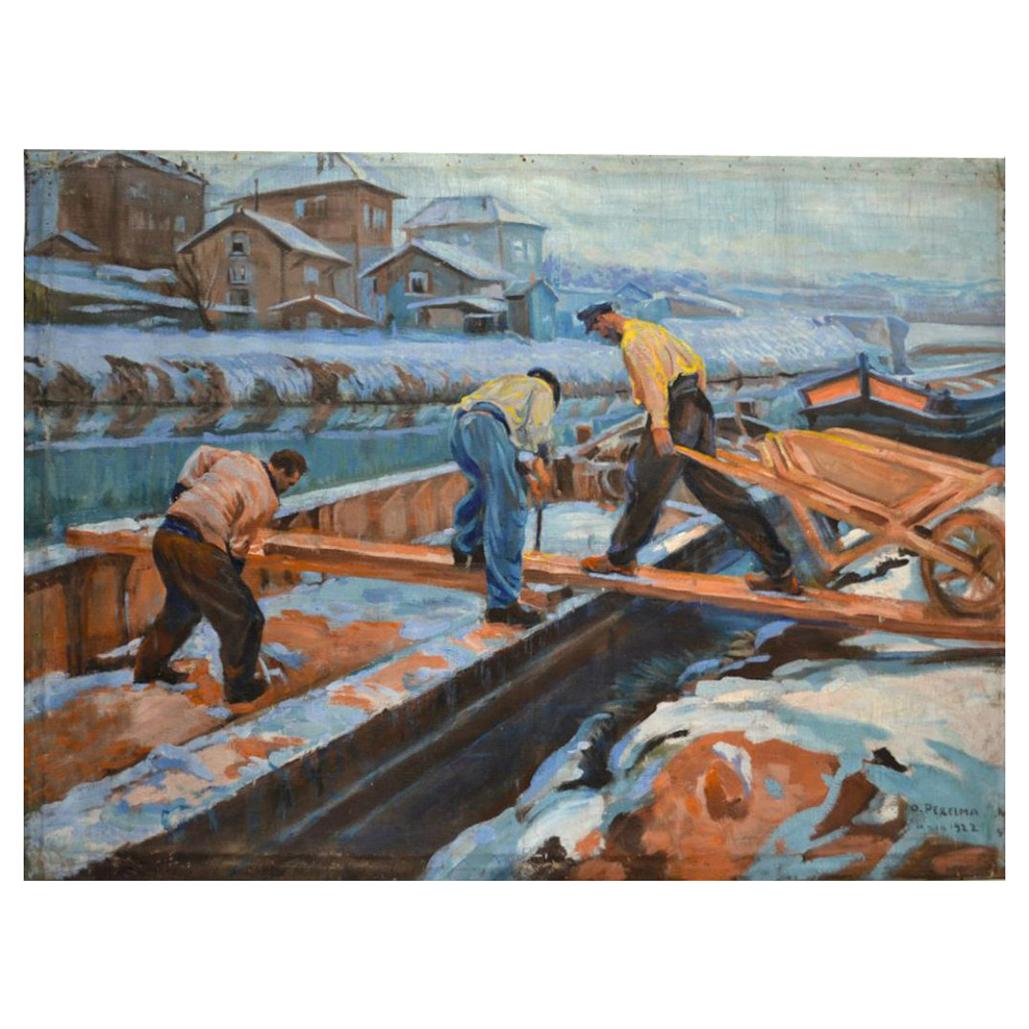 Ossy de Perelma "Loading A Houseboat In Winter" Signed Oil on Canvas, 1922