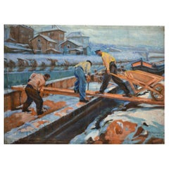 Antique Ossy de Perelma "Loading A Houseboat In Winter" Signed Oil on Canvas, 1922