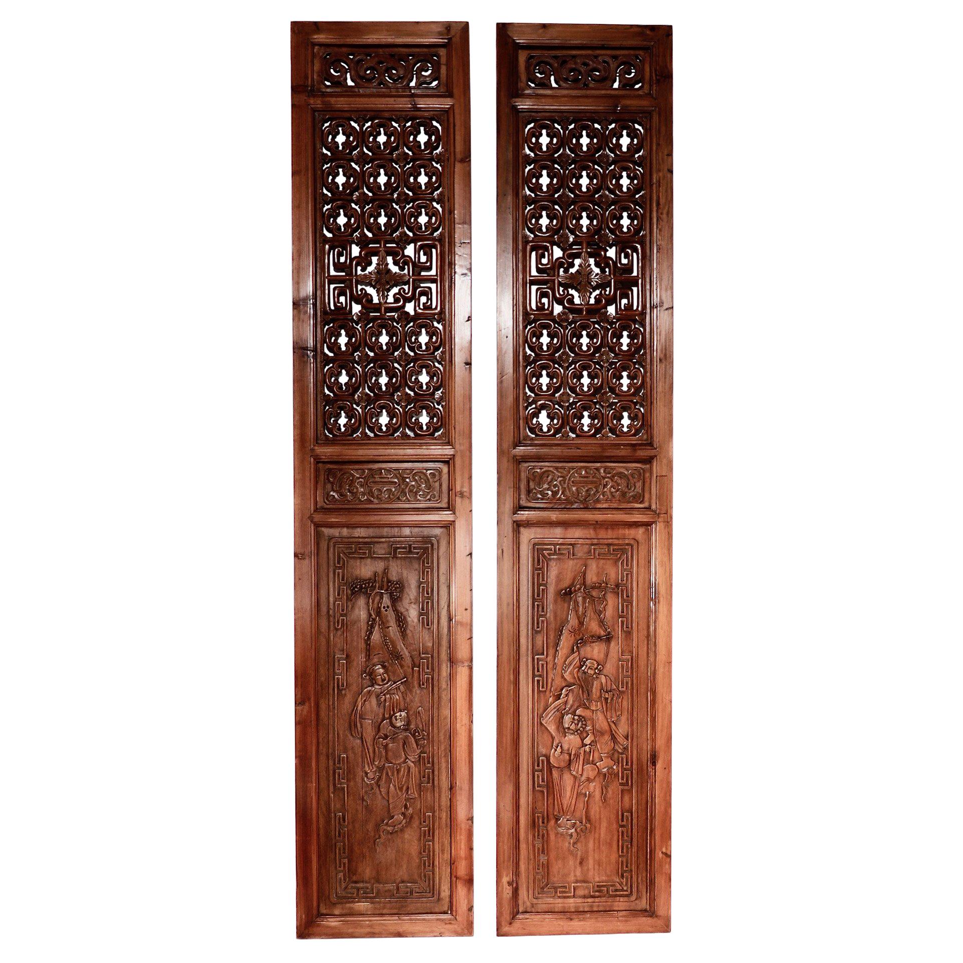 Pair of Chinese Elm and Cypress Carved Door Panels