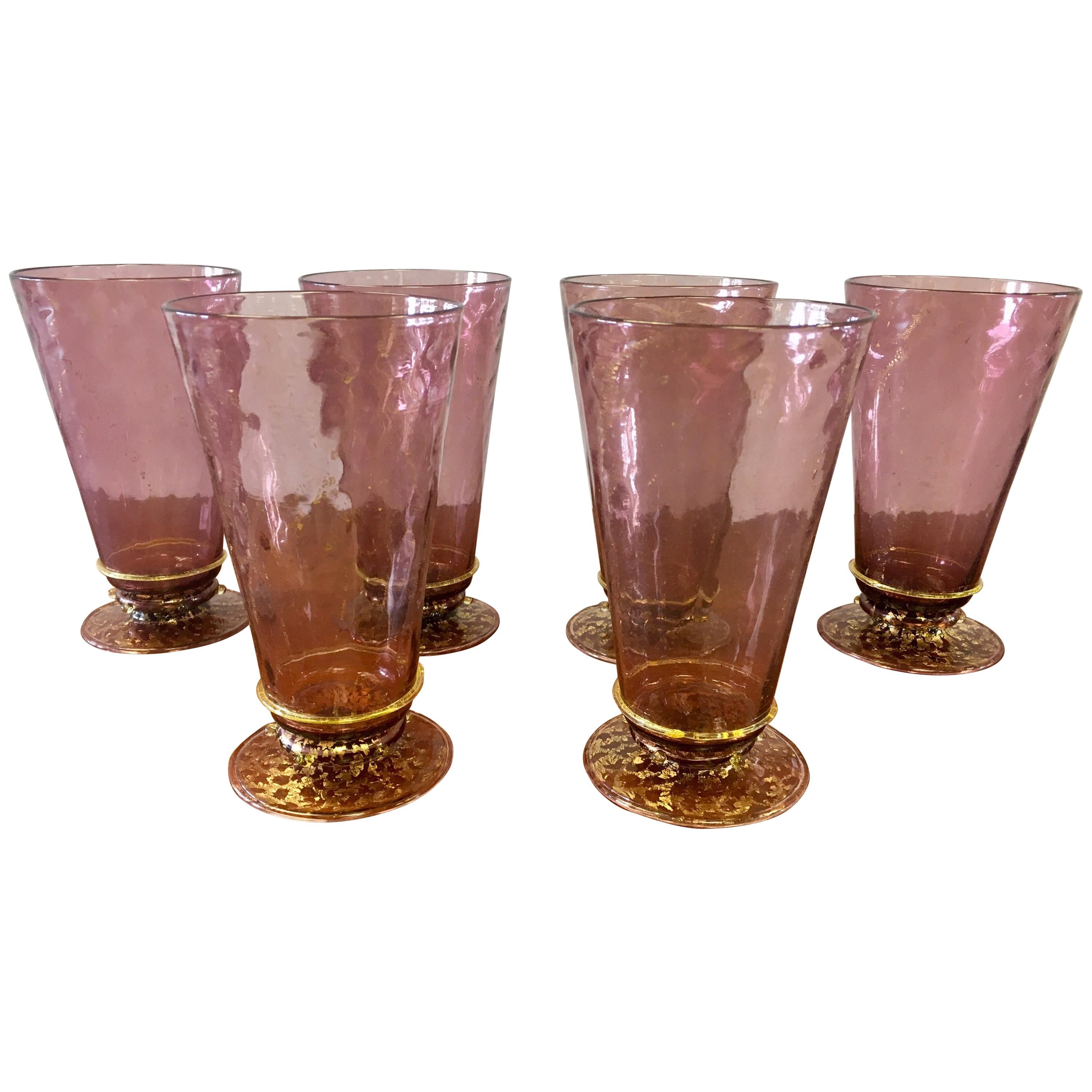 Salviati Set Six Hand Blown Venetian Murano Glass Water Goblets Glasses, Italy