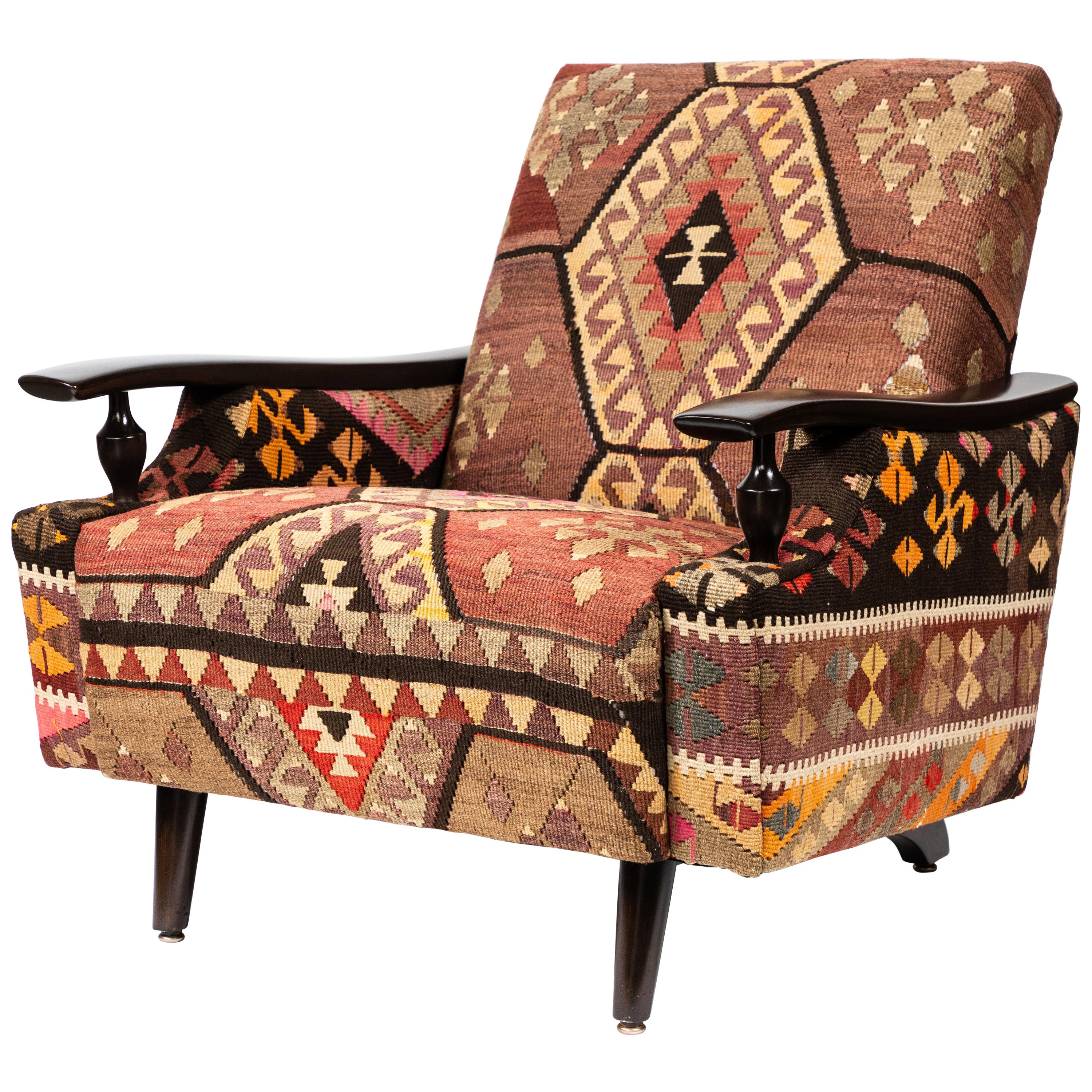 Vintage Lounge Chair Newly Upholstered in a Vintage Wool Kilim Rug
