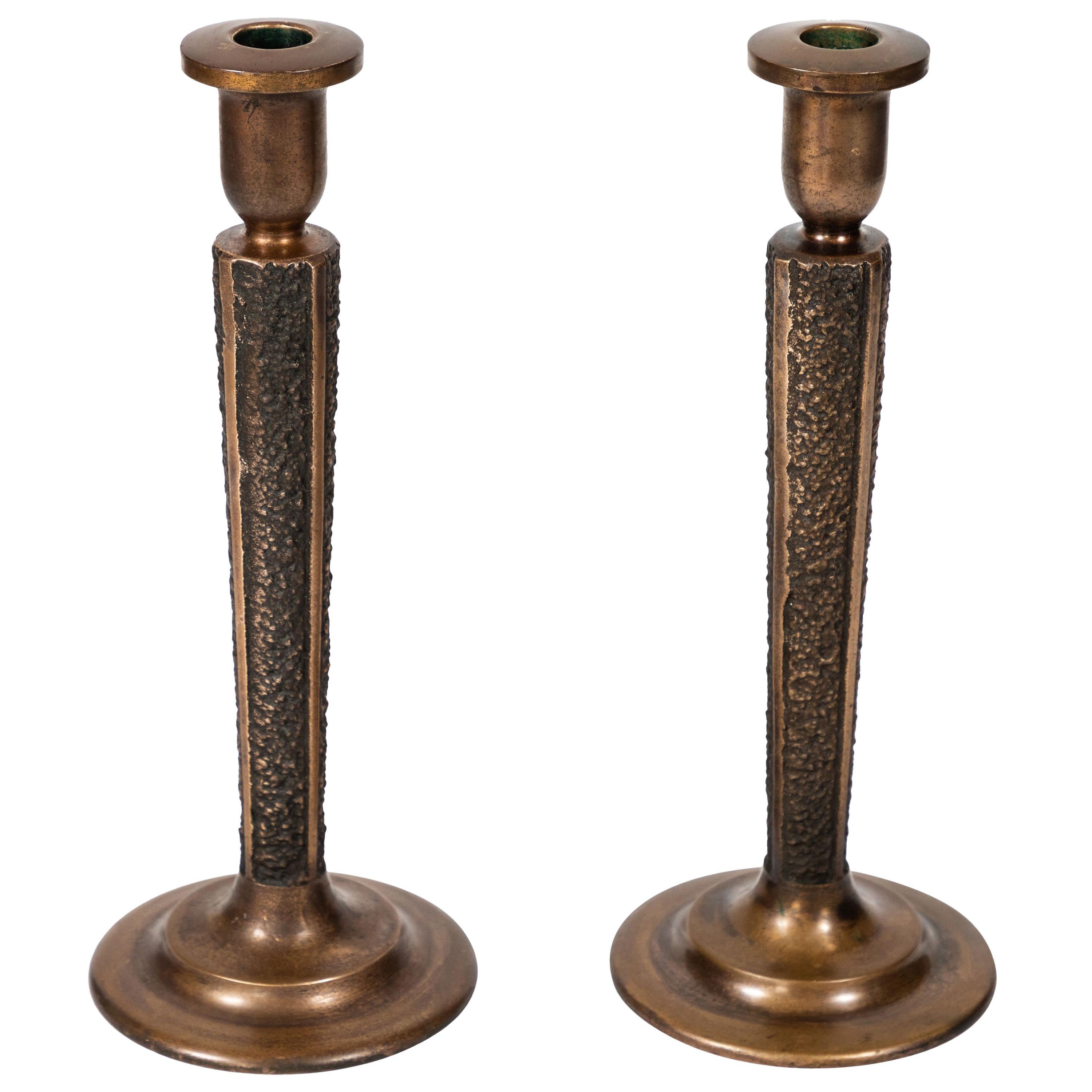 Pair of Midcentury Bronze 'Brutalist' Candlesticks