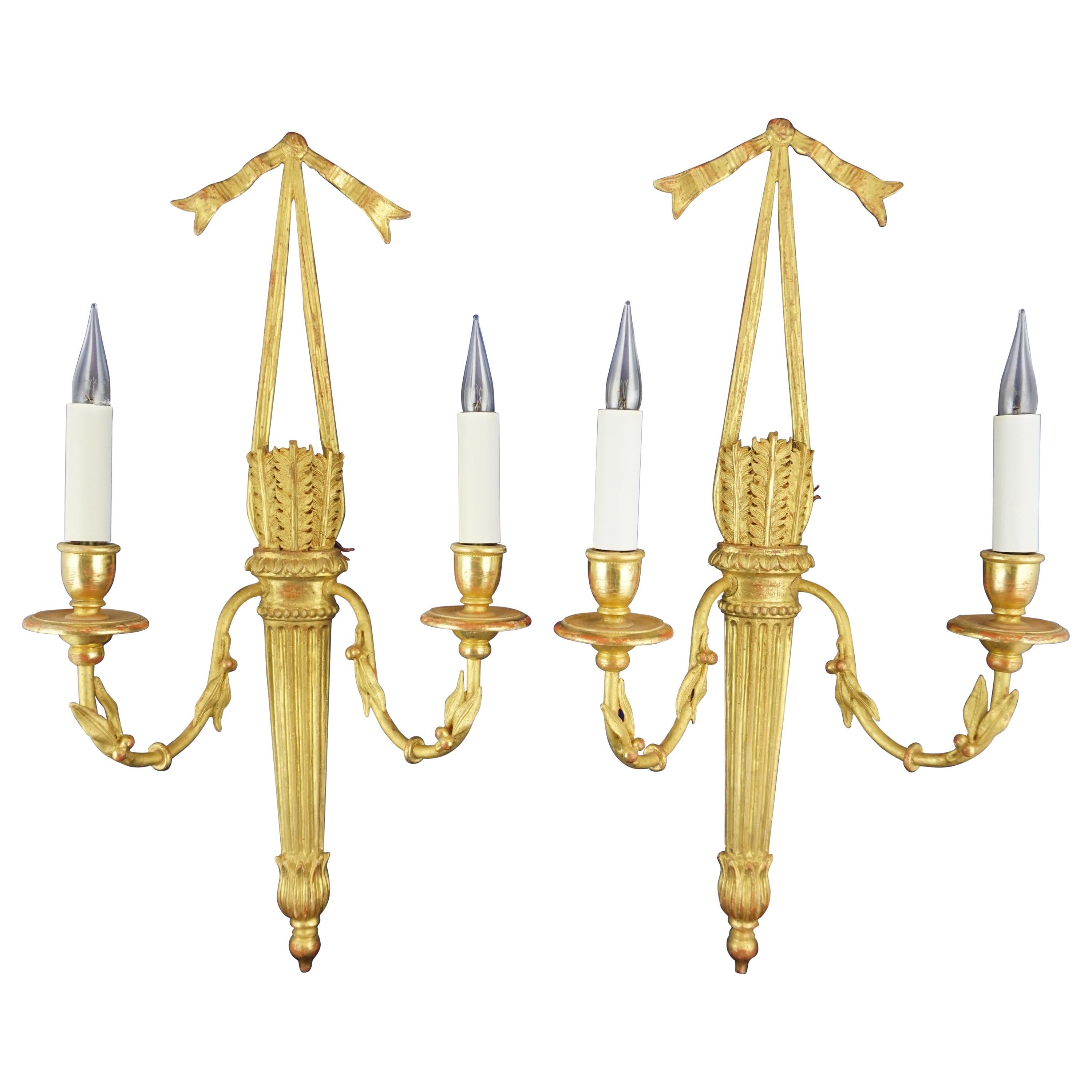 Pair of Leone Cei HJ500 Louis XVI-Style Wall Lights, Hand Carved and Gilded For Sale