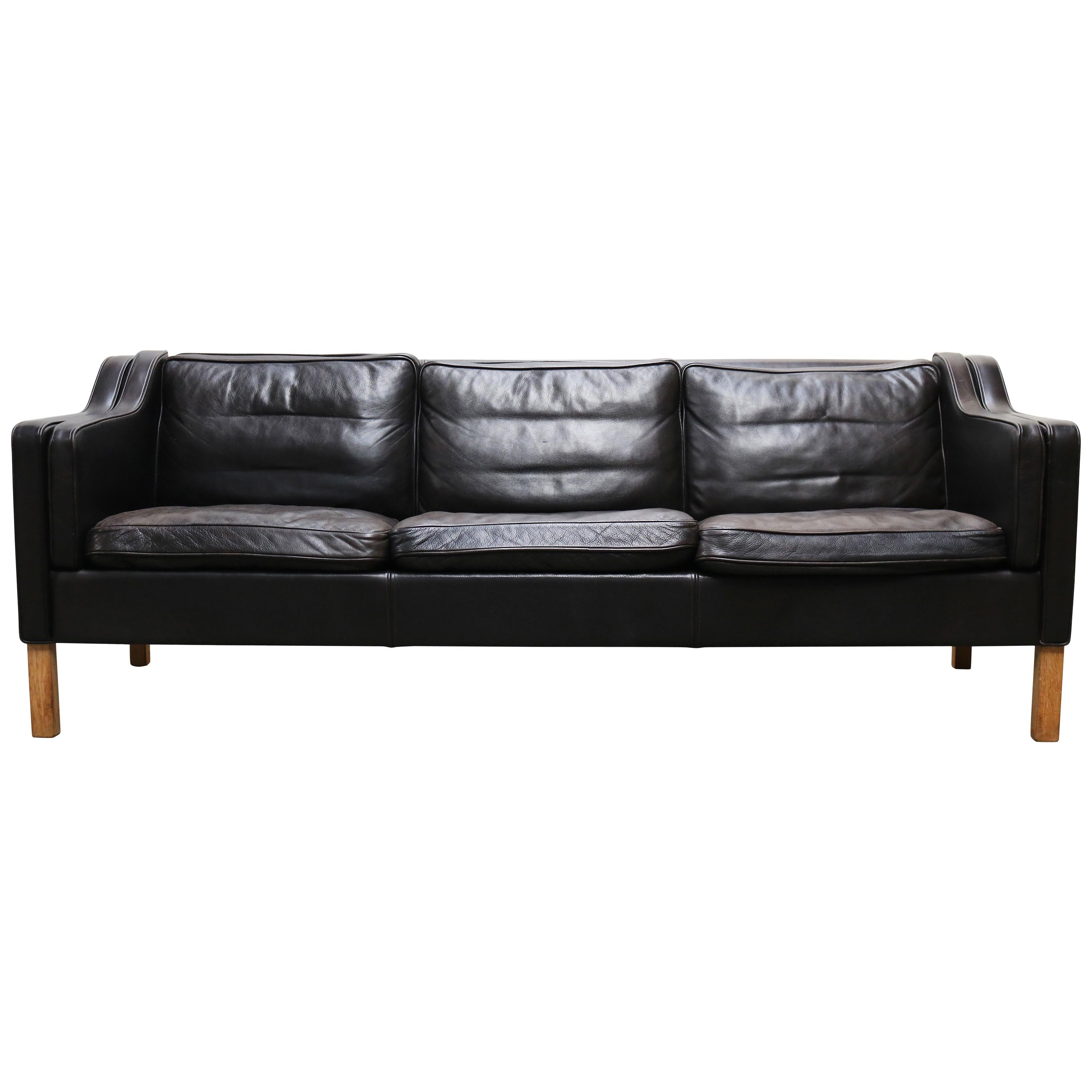 Vintage Black Leather Sofa 2213 by Børge Mogensen for Fredericia 1960 Three-Seat
