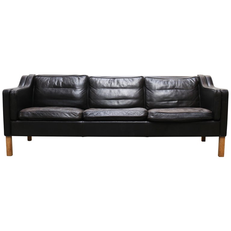 Vintage Black Leather Sofa 2213 By Borge Mogensen For Fredericia