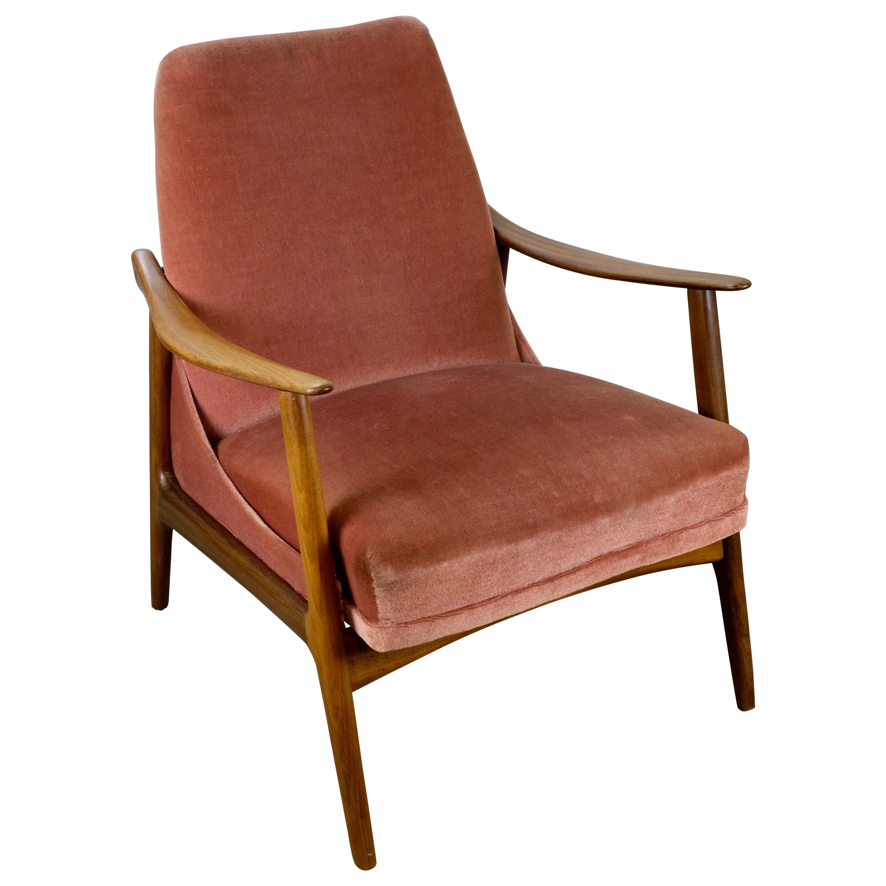 Teak Danish Modern Armchair with Velour Upholstery For Sale
