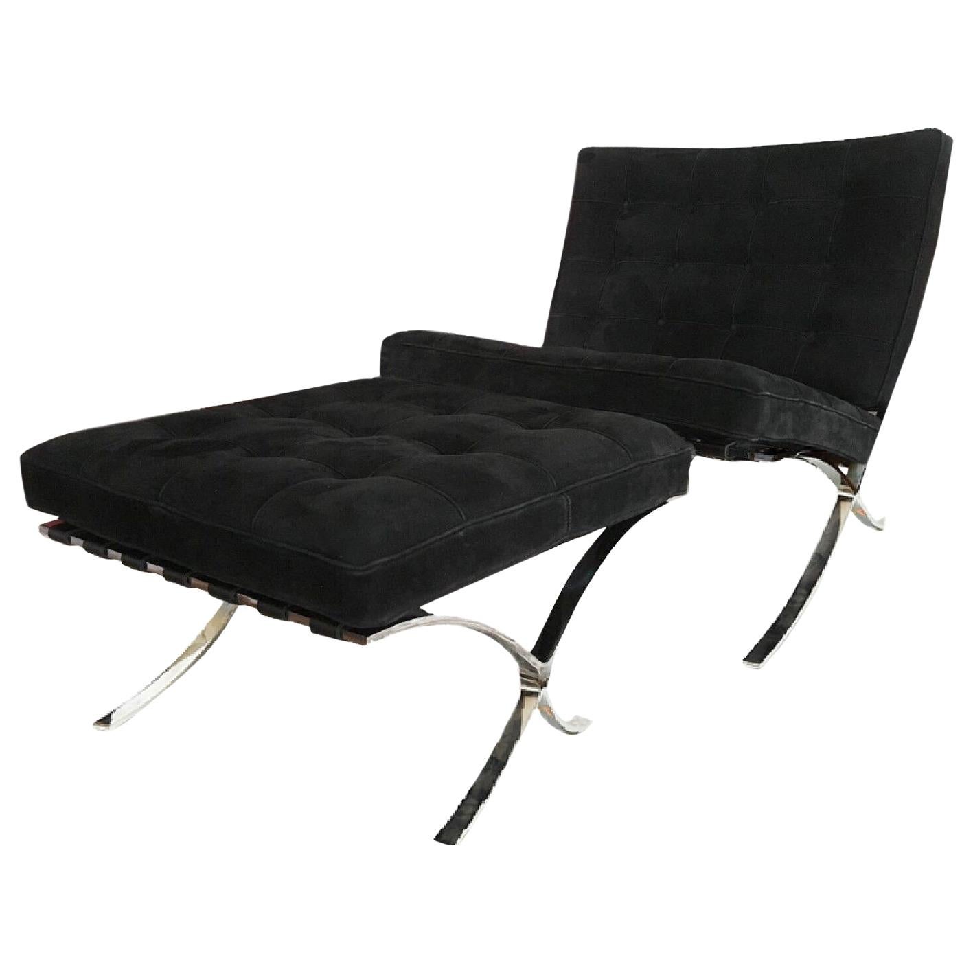 Vintage Mies Van Der Rohe Barcelona Chair & Ottoman Set Knoll Black Suede