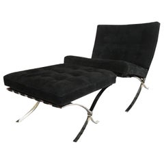 Vintage Mies Van Der Rohe Barcelona Chair & Ottoman Set Knoll Black Suede