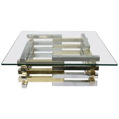 Pierre Cardin Brass and Chrome French Coffee Table with Crystal Glass Top, 1970s