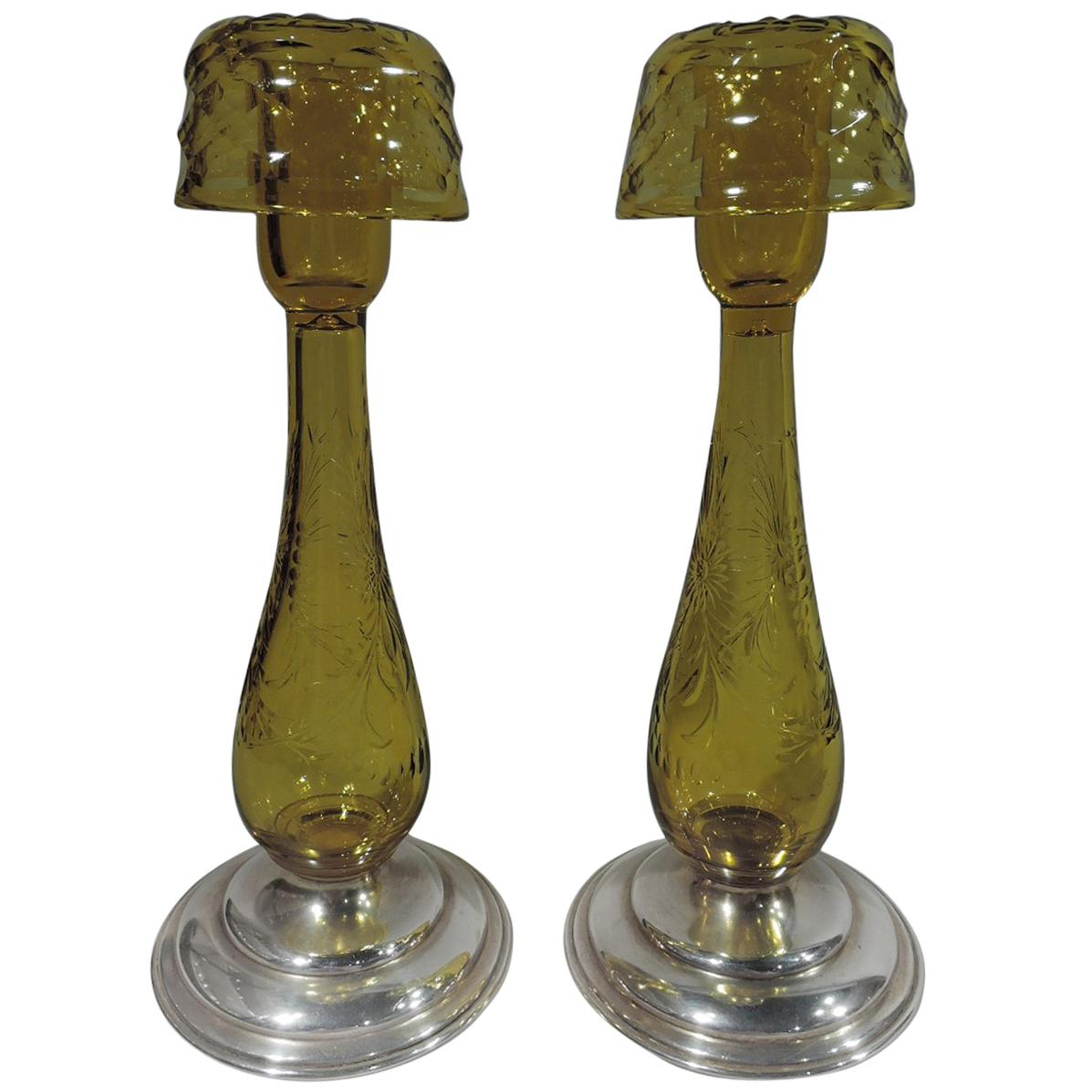 Pair of Hawkes Sterling Silver and Citrine Yellow Glass Candlesticks