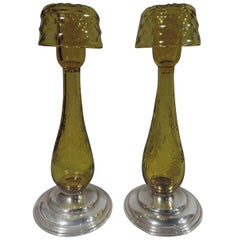 Pair of Hawkes Sterling Silver and Citrine Yellow Glass Candlesticks
