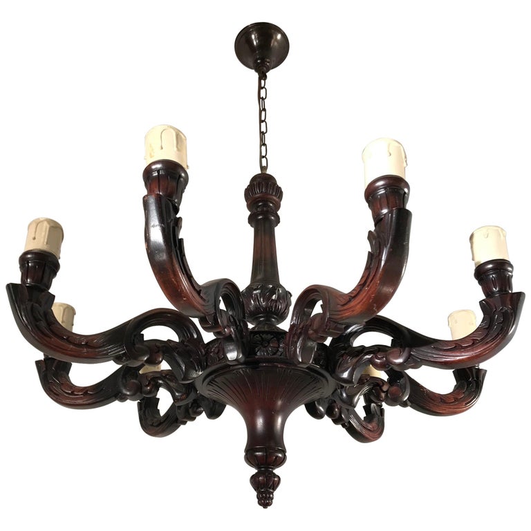 Large and All Handcrafted Wooden Nine-Arm Dining Room Chandelier, Great Patina For Sale