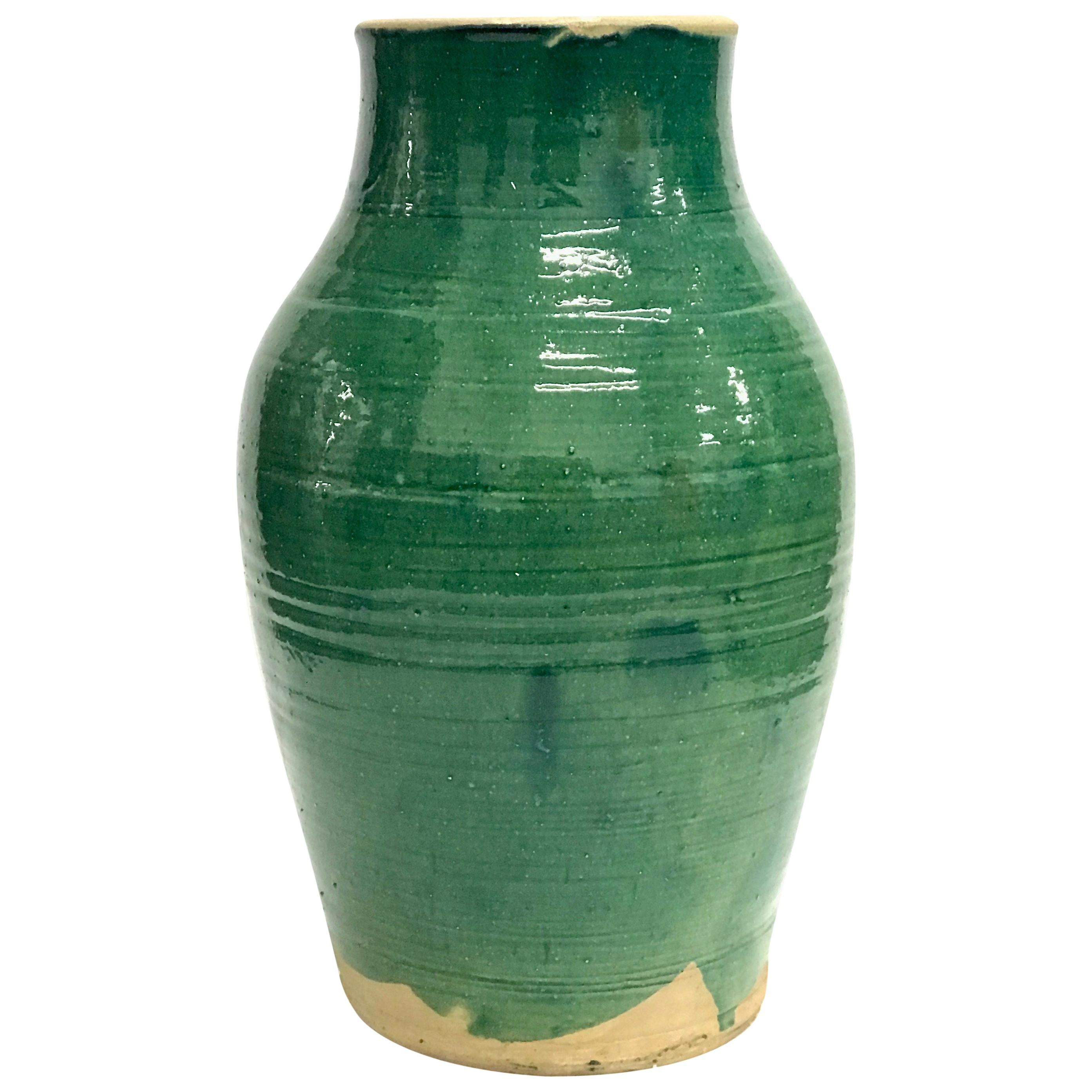 Large Handmade Rustic Farmhouse Blue Green Glazed Terracotta Clay Pot Jar Urn For Sale