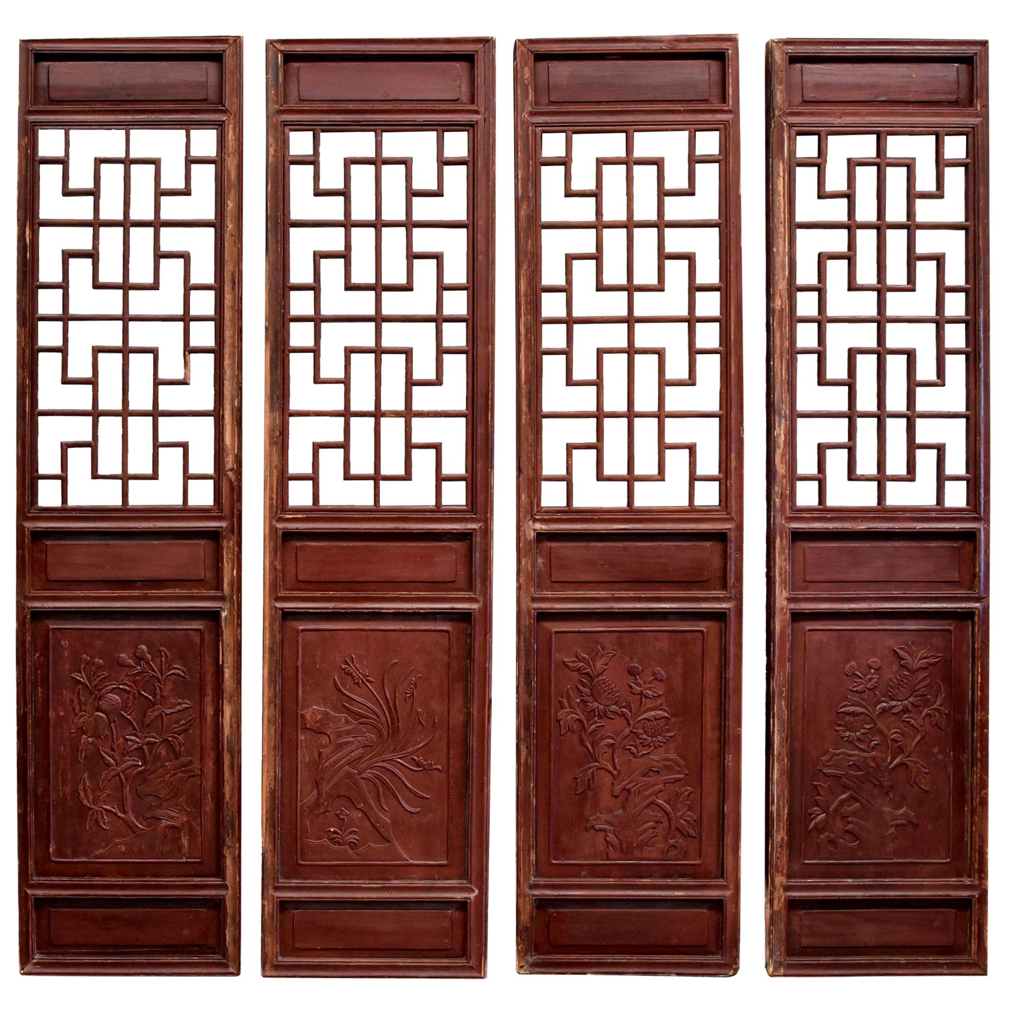 Chinese Antique Screens, Doors, Set of 4, Blooms and Longevity