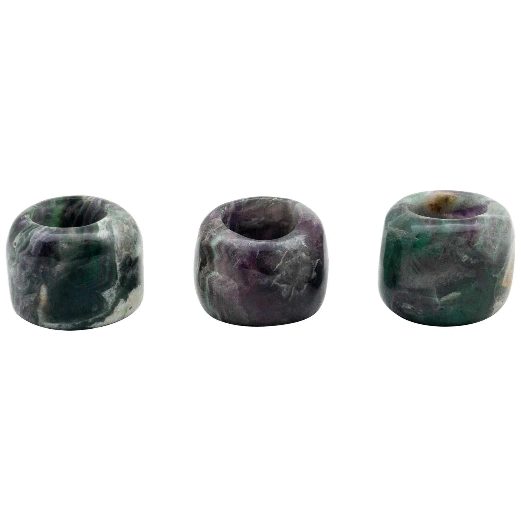 Carved and Polished Natural Fluorite Candleholders, Set of 3