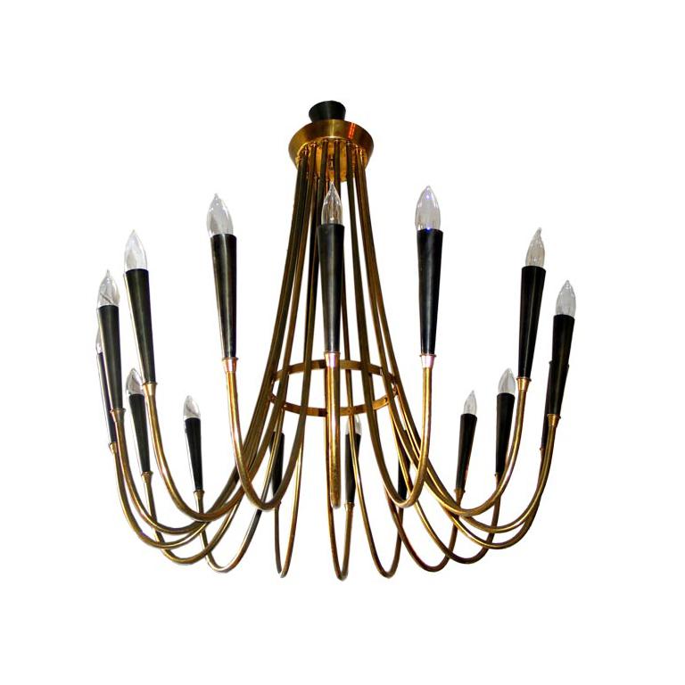 Elegant Italian Mid-Century Modern chandelier / pendant / fixture with 16 arms elegantly set in a circular pattern in the spirit of a neoclassical sunburst.

Composition: Elegant solid brass frame formed in a circular pattern with 16 black
