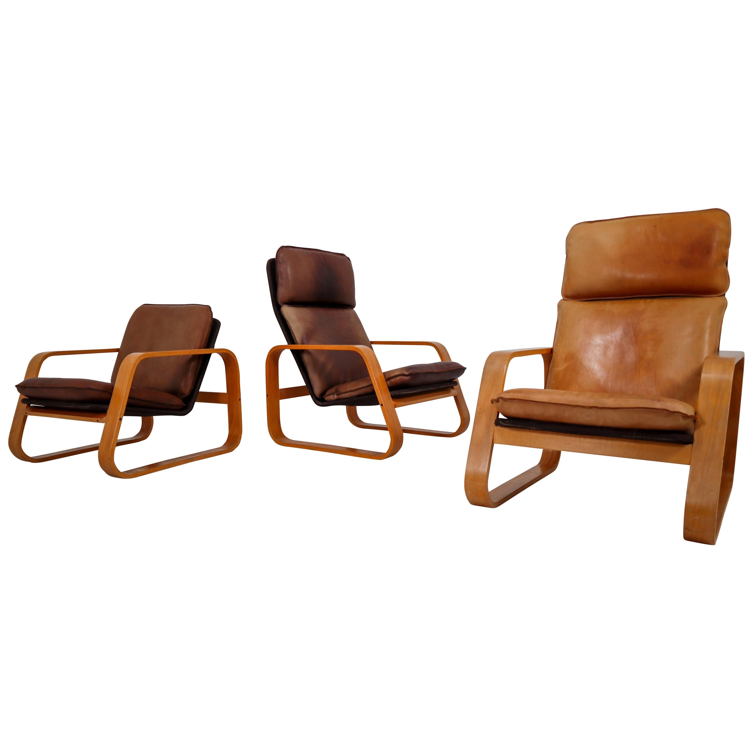 Set of Three Lounge Chairs, Patinated Leather and Bentwood, France, 1970s