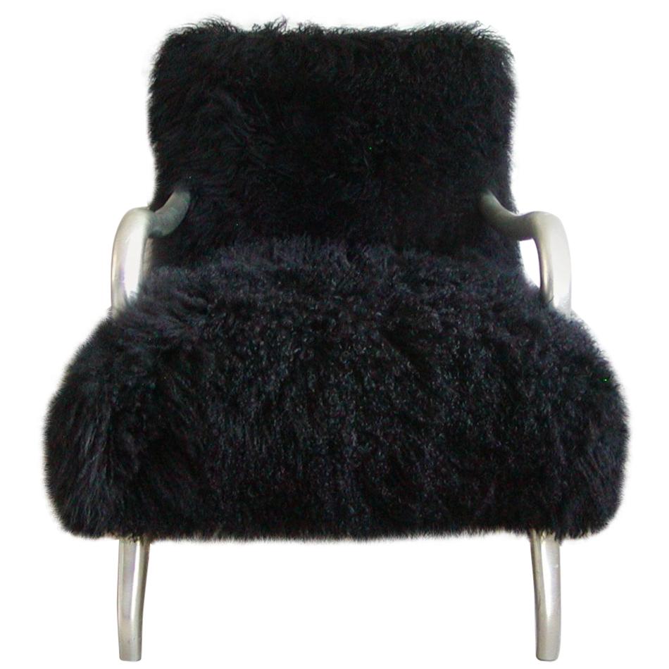 Black Shearling-Covered Contemporary Lounge Chair 