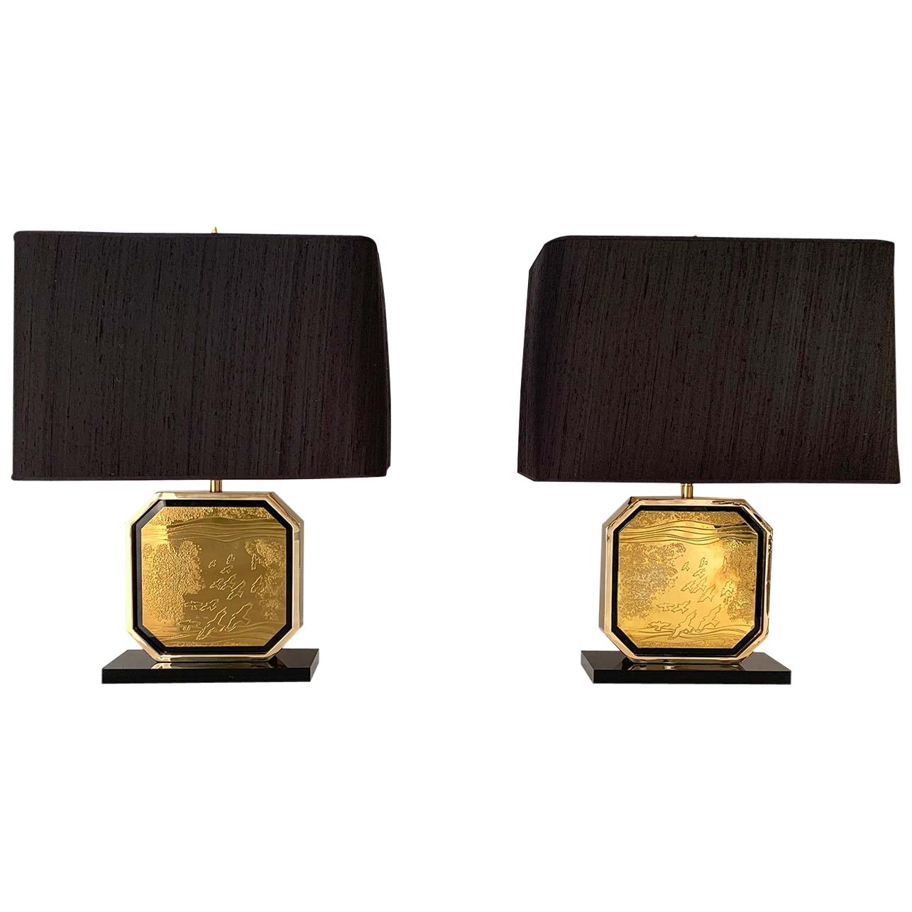 Pair of Table Lamps in 24-Karat "Maho" by Georges Mathias, 1970s For Sale