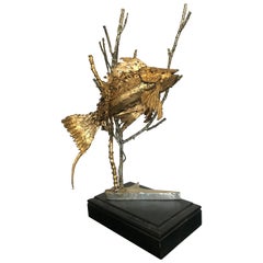 Retro Brutalist Fish Sculpture on a Black Wooden Plinth