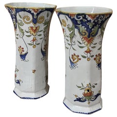 Pair of 19th Century French Colorful Hand Painted Faience Vases from Normandy