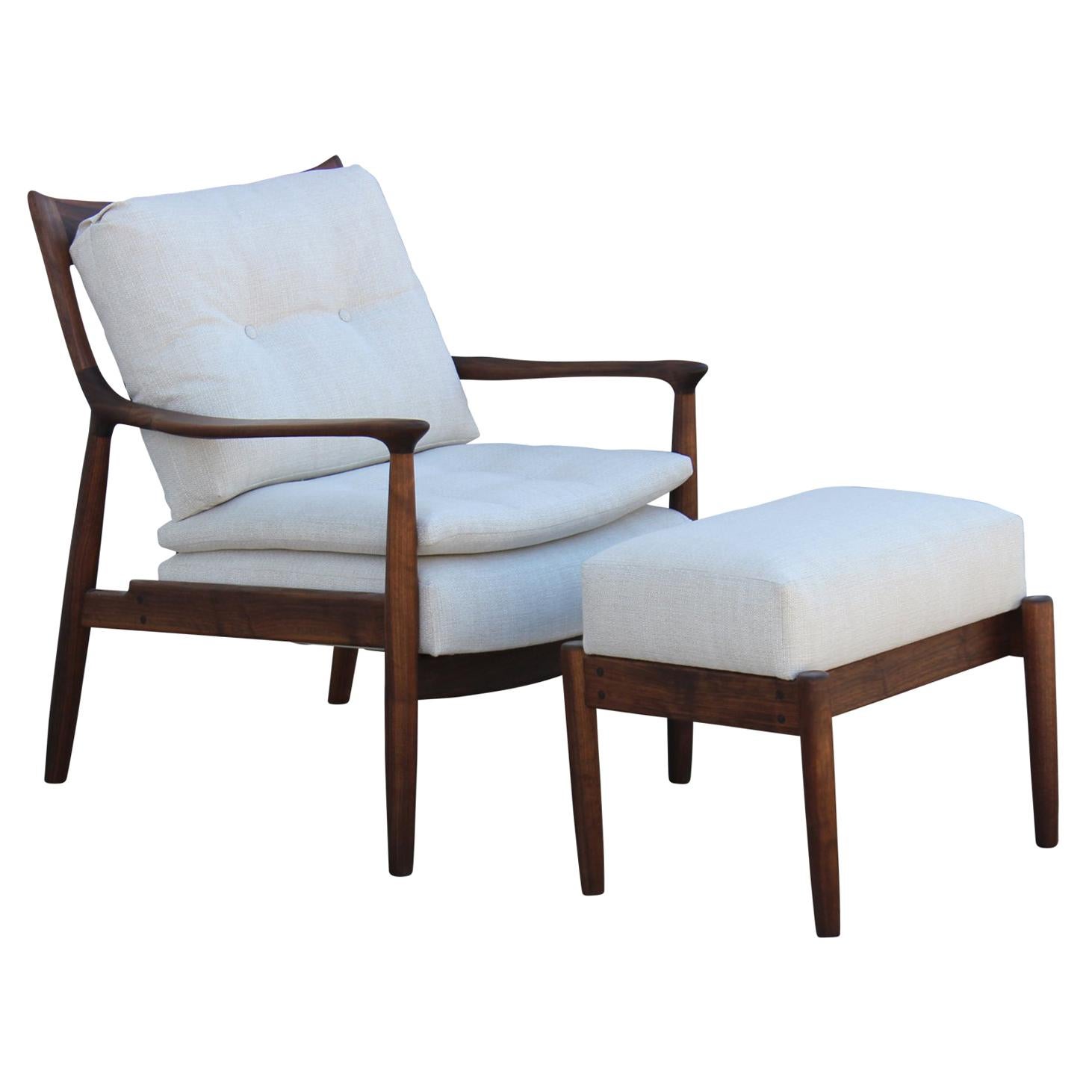 Modern Walnut Lounge Chair and Ottoman in Neutral Fabric by Norm Stoeker