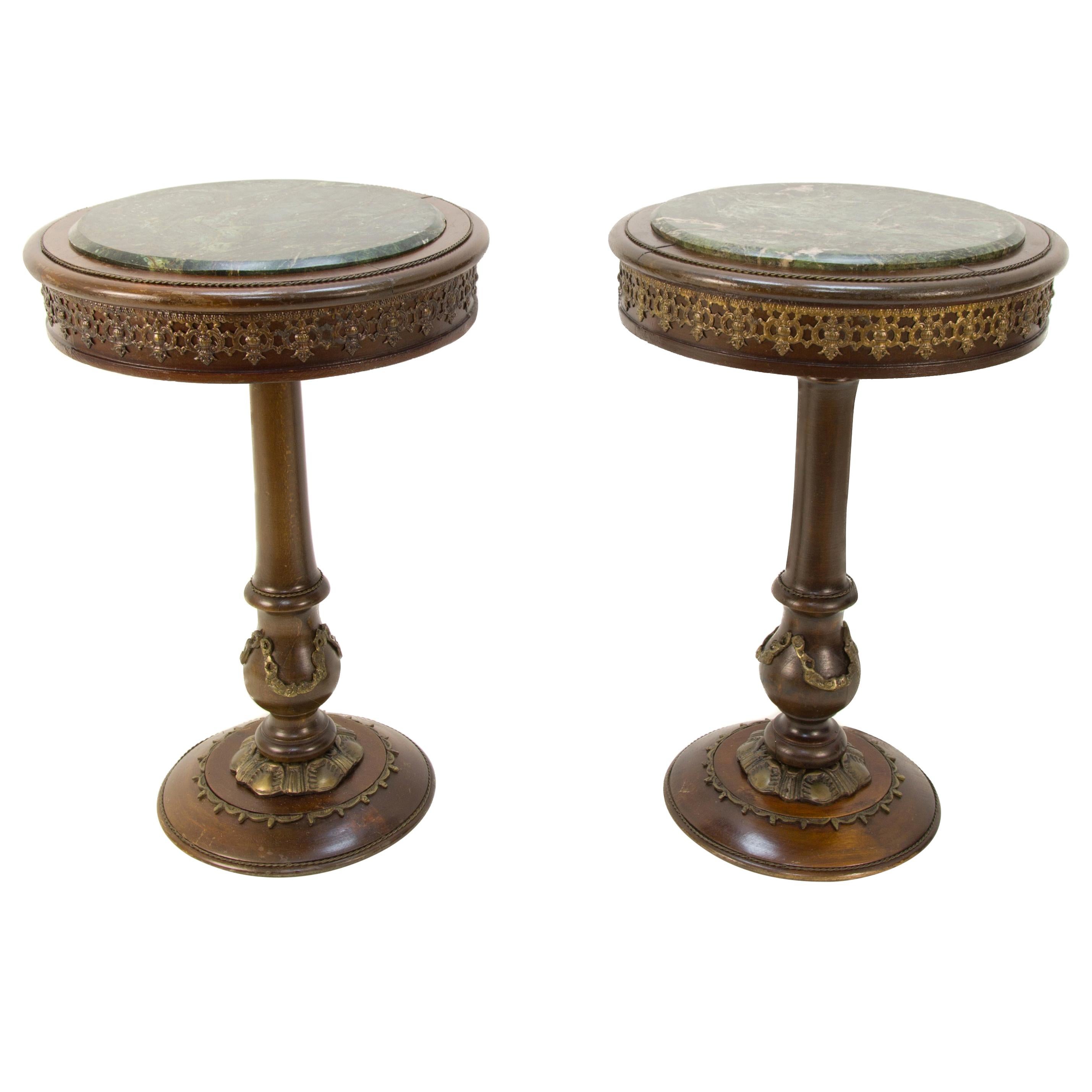 Pair of French Wooden Marble-Top Pedestals