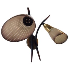 Sculptural Italian Double Sconce in Brass, Teak and Striped Glass, 1950s