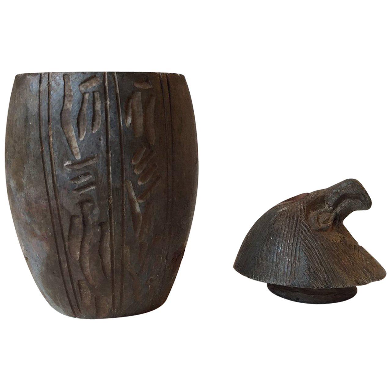 Antique Interpretation of Egyptian Canopic Stone Jar with Qebsennuf/Hawk's Head