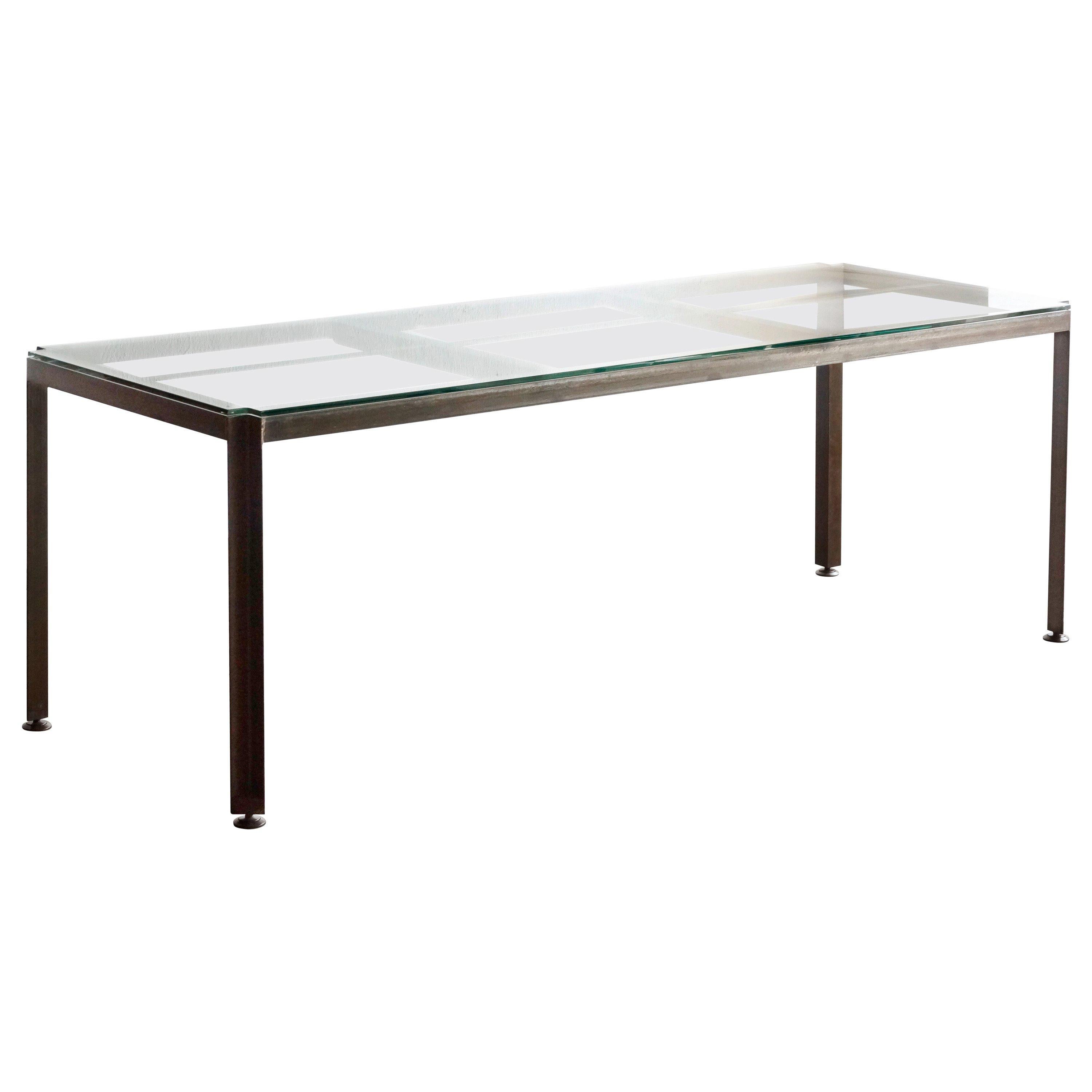 Angle Iron and Glass Industrial Conference or Dining Table For Sale