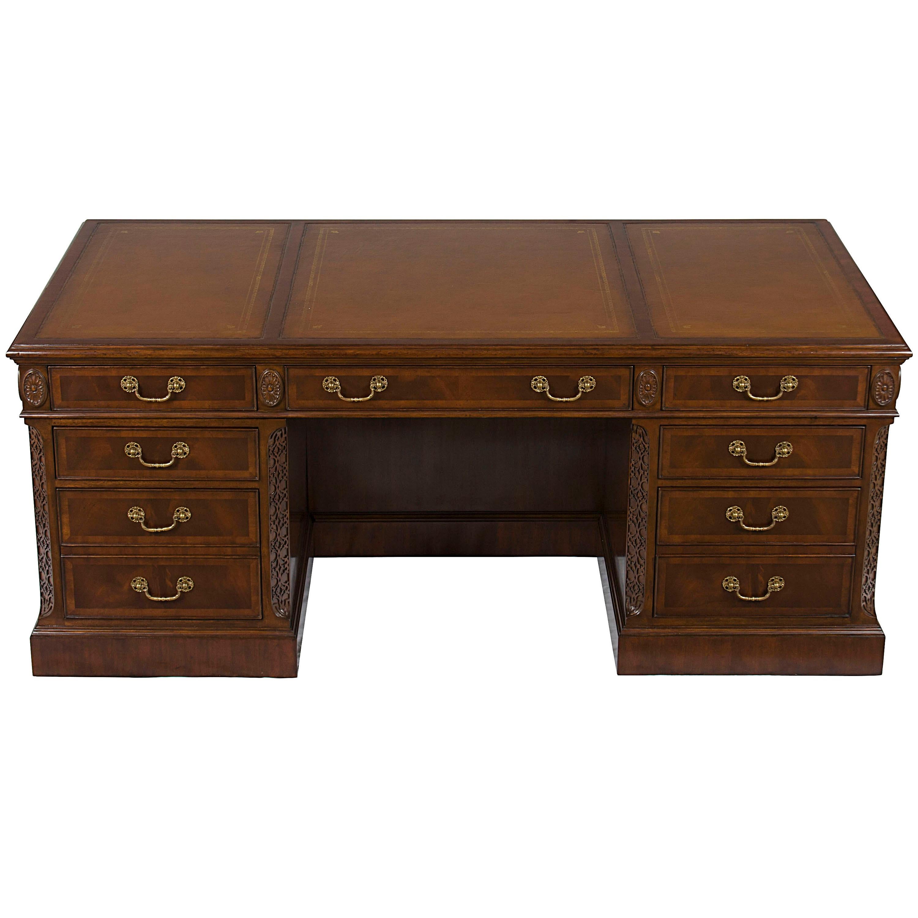 Large Mahogany Leather Top Pedestal Home Office Executive Desk, New For Sale