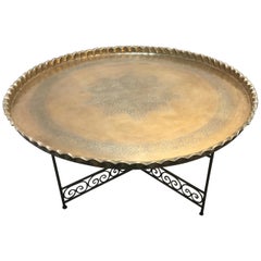 Retro Large Moroccan Round Brass Tray Table on Iron Folding Stand