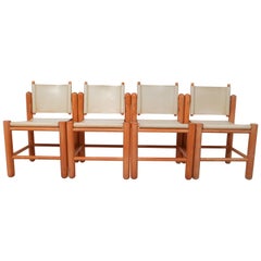 Set of Four Chairs in Pine and White Leather, the Netherlands, 1970s