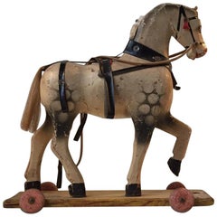 Vintage Unique Old German Wooden Pull Along Horse, 1930s