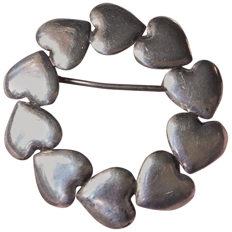 Art Deco Silver Heart Brooch by Hans Hansen, Denmark, 1930s