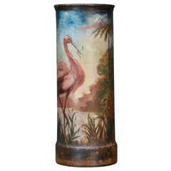 Industrial Umbrella Trash Can Cast Iron Folk Art Hand Painted Heron Flamingo