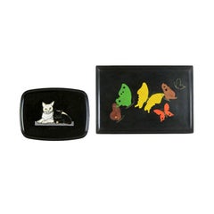 Vintage Pair of Mid-Century Modern Couroc of Monterey Black Trays Cats and Butterfly