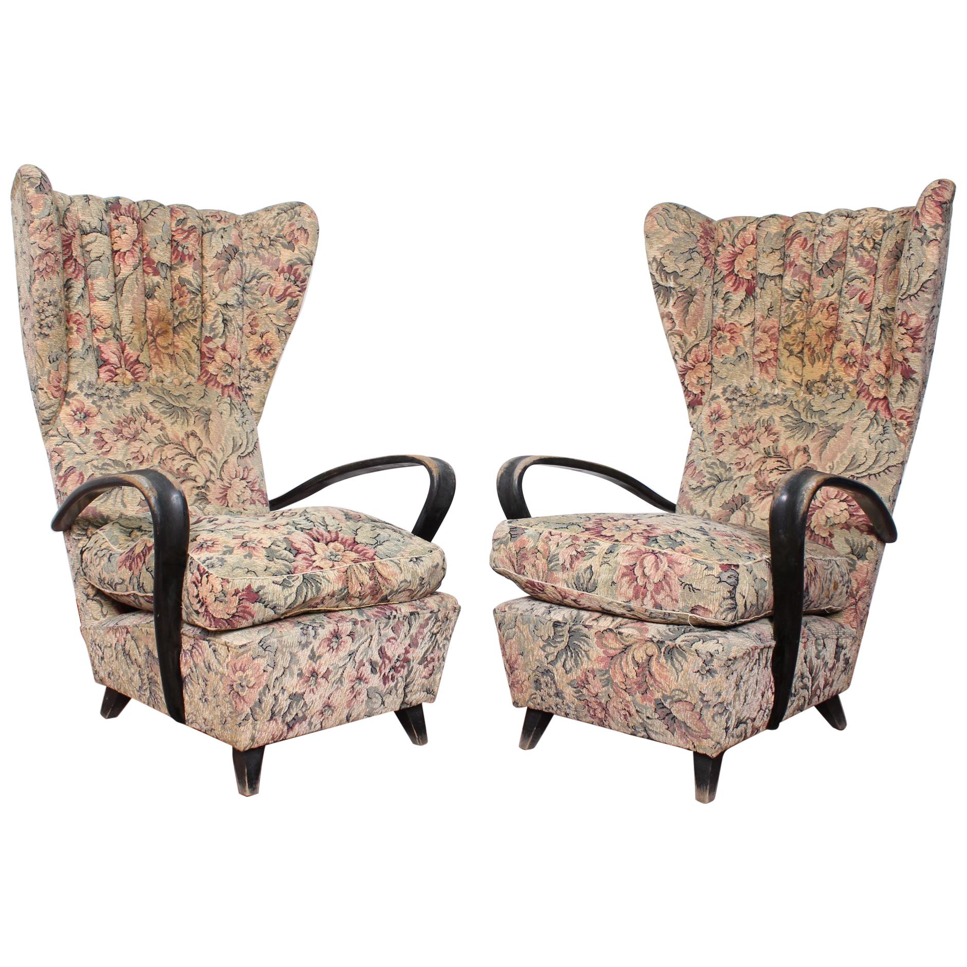 20th Century Paolo Buffa  pair of Armchairs floral fabric Italy 40s.