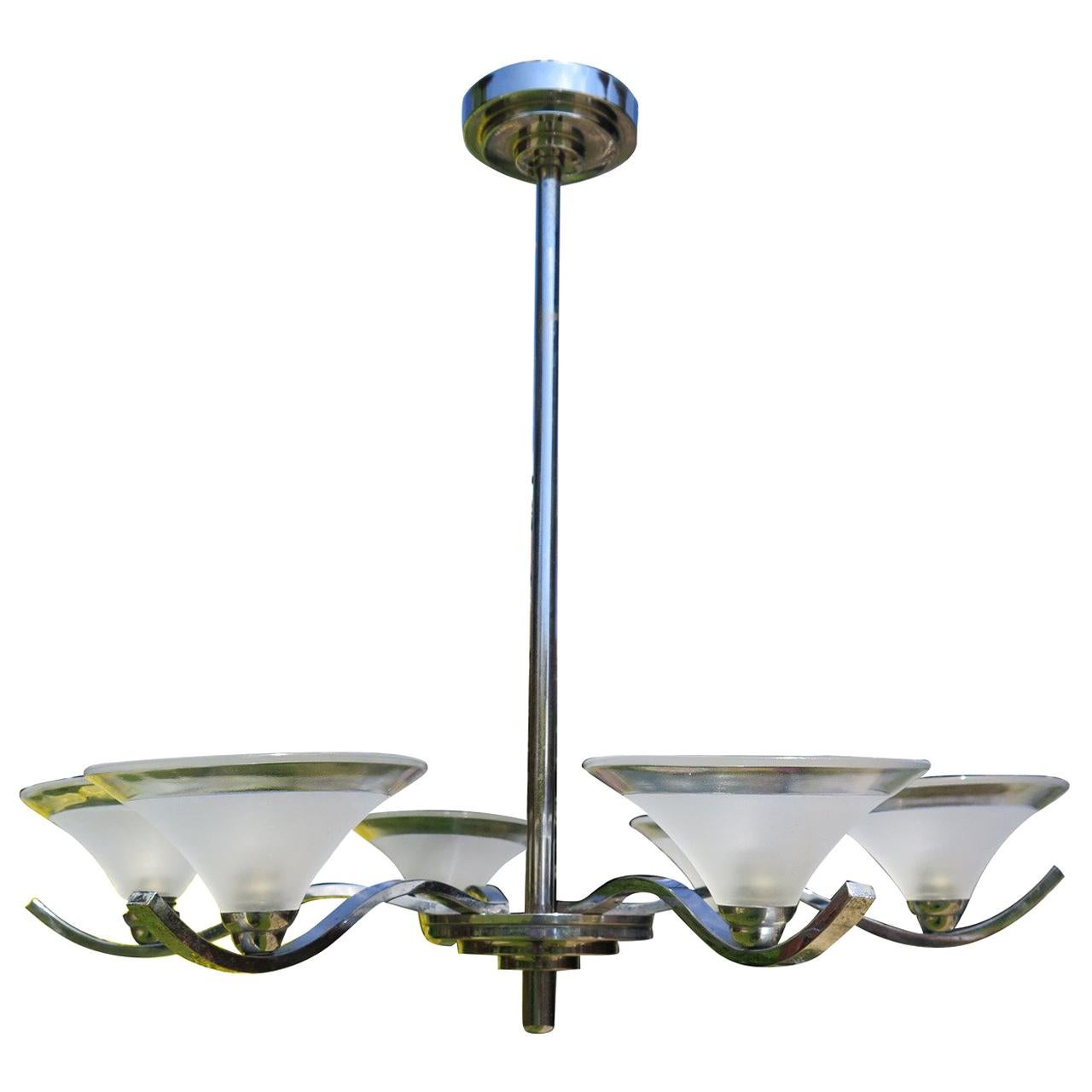 Art Deco Period Ceiling Light or Lamp Chandelier Six Branch Chrome, circa 1925 For Sale