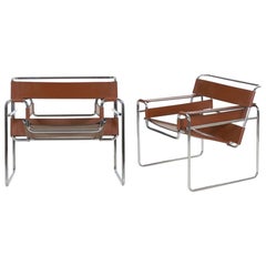 Vintage Pair of Chrome and Leather “Wassily” Armchairs after Marcel Breuer