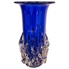 Ion Tamâian Hand Blown and Hand Painted Blue Glass Vase 2006