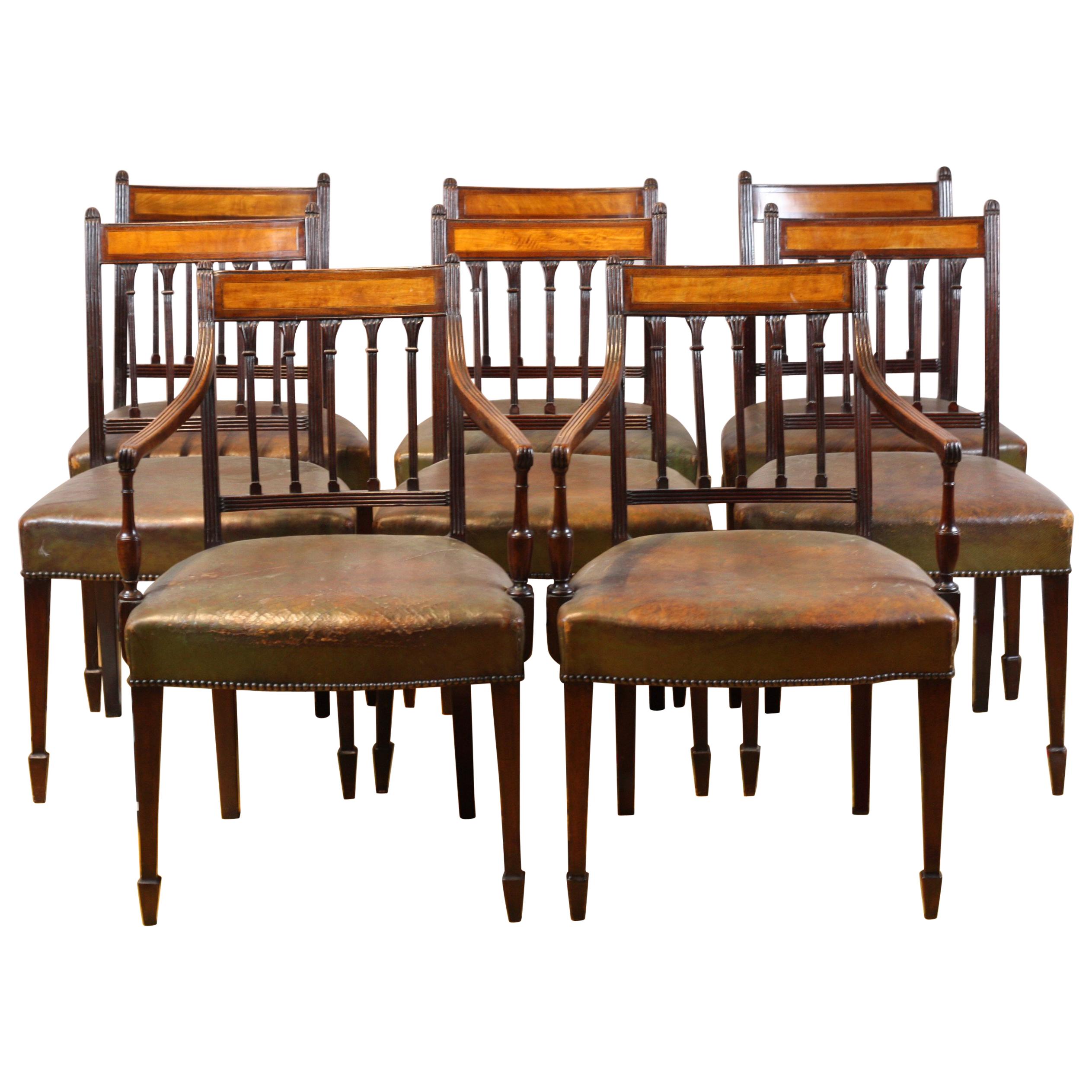 Set of 8 English George III Dining Chairs circa 1780, Mahogany and Satinwood For Sale