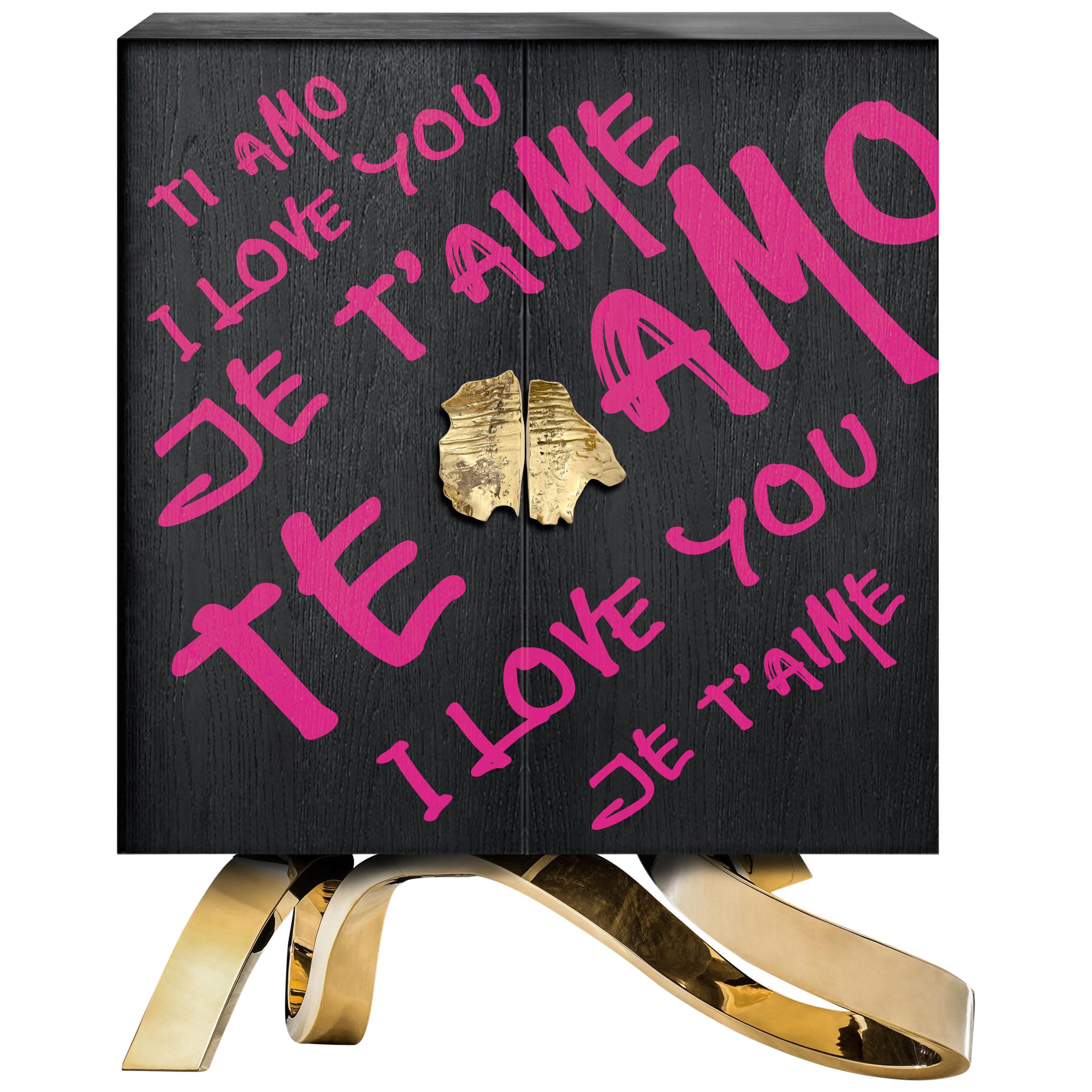 Contemporary I LOVE YOU cabinet by Railis Design. Black, Gold, Pink.