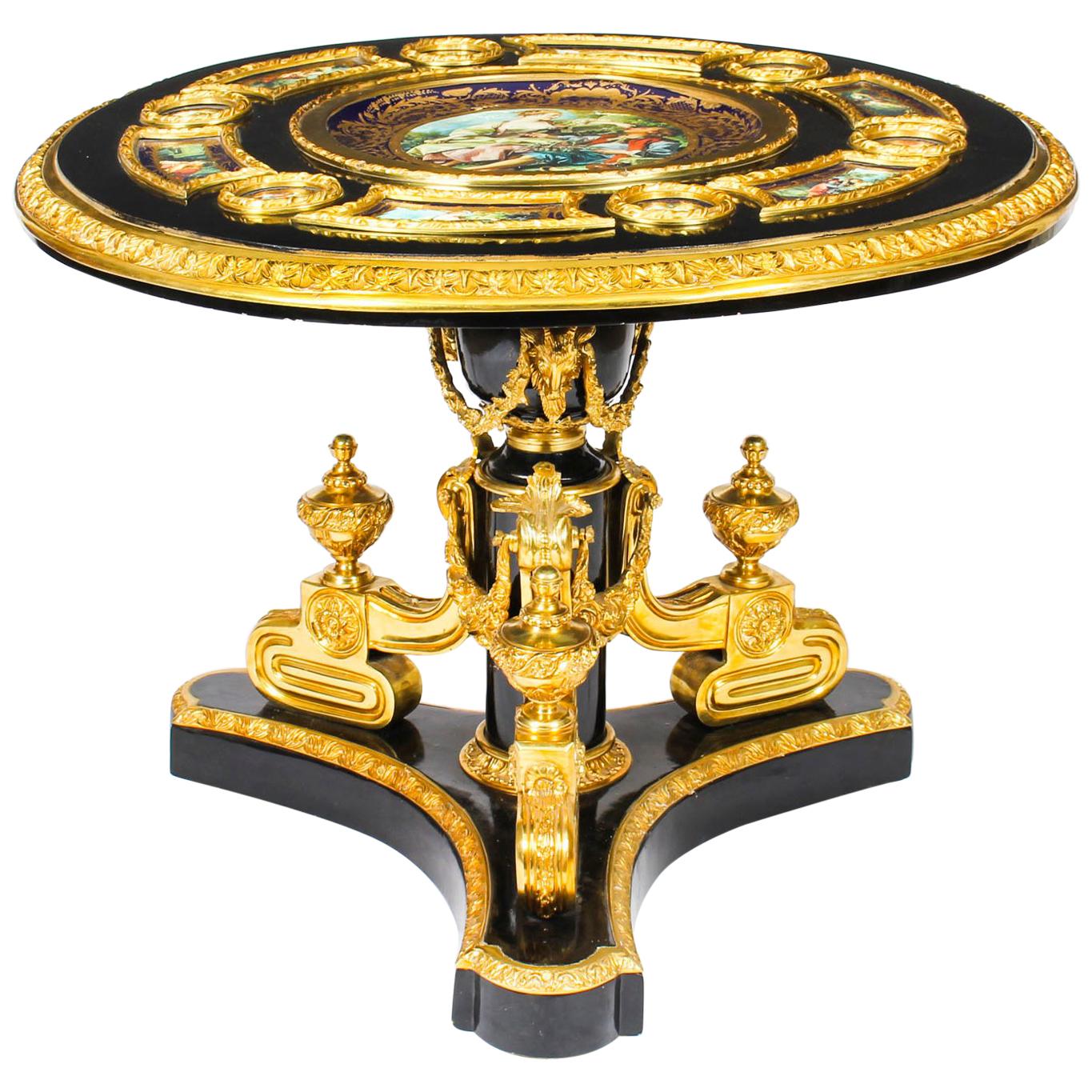 Vintage Ormolu Mounted Ebonised Sevres Style Gueridon Centre Table