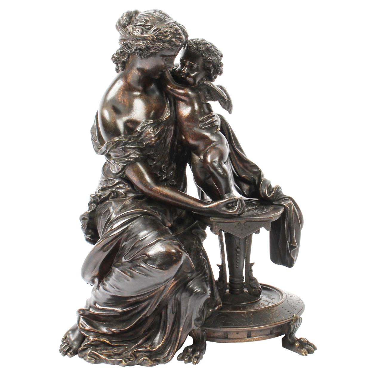 Antique Patinated Bronze by Emile Herbert Woman with Cherub, 19th Century