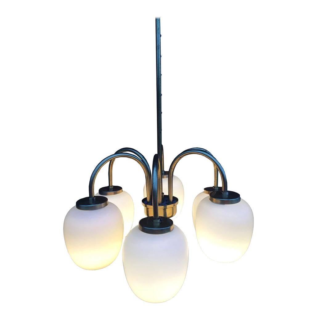 Danish Chandelier Brass and Opal Glass by Bent Karlby, 1960s For Sale