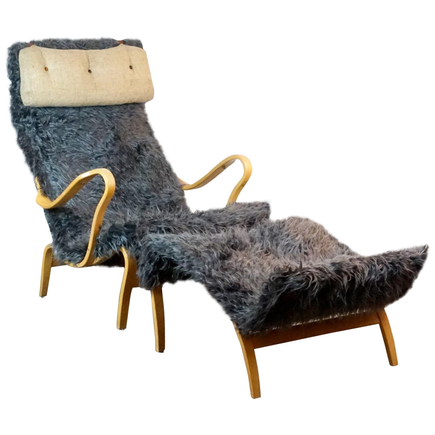 Scandinavian Beech Pernilla Lounge Chair with Ottoman by Bruno Mathsson for DUX